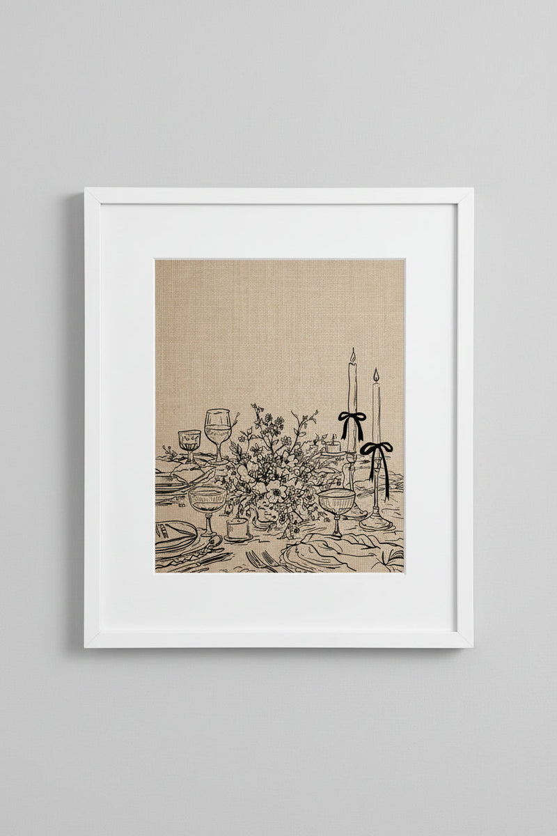 Framed Dinner Party print of a candlelit table setting with flowers