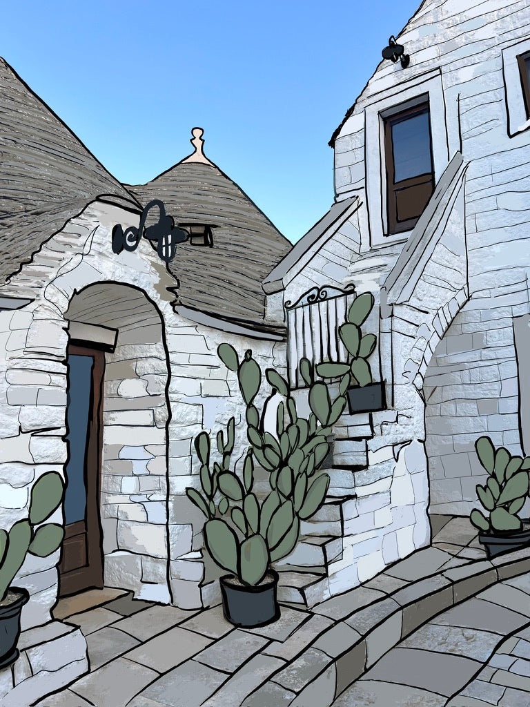 Alberobello fine art print showing trulli houses and cacti in a courtyard