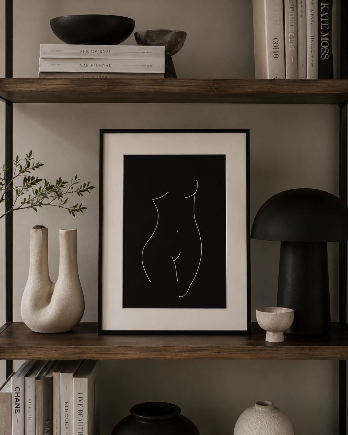 A4 Venus I print styled on a dark wooden shelf with vases