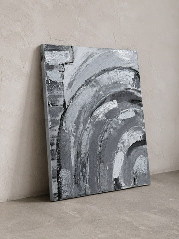 Argento - grey and white abstract acrylic painting on canvas, unframed against a wall