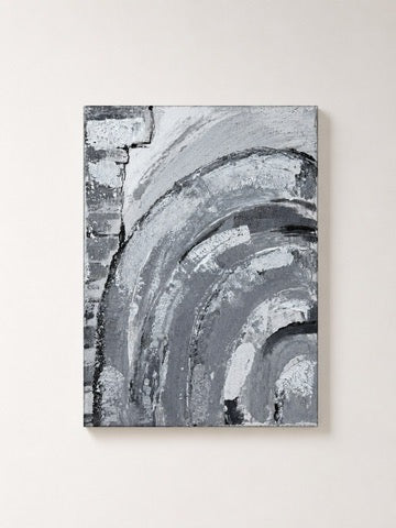 Argento - grey and white abstract acrylic painting on canvas, unframed and hanging on a wall