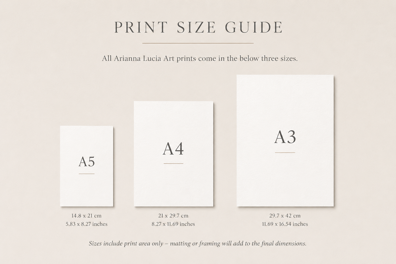 Arianna Lucia Art print size guide comparing A5, A4, and A3 dimensions