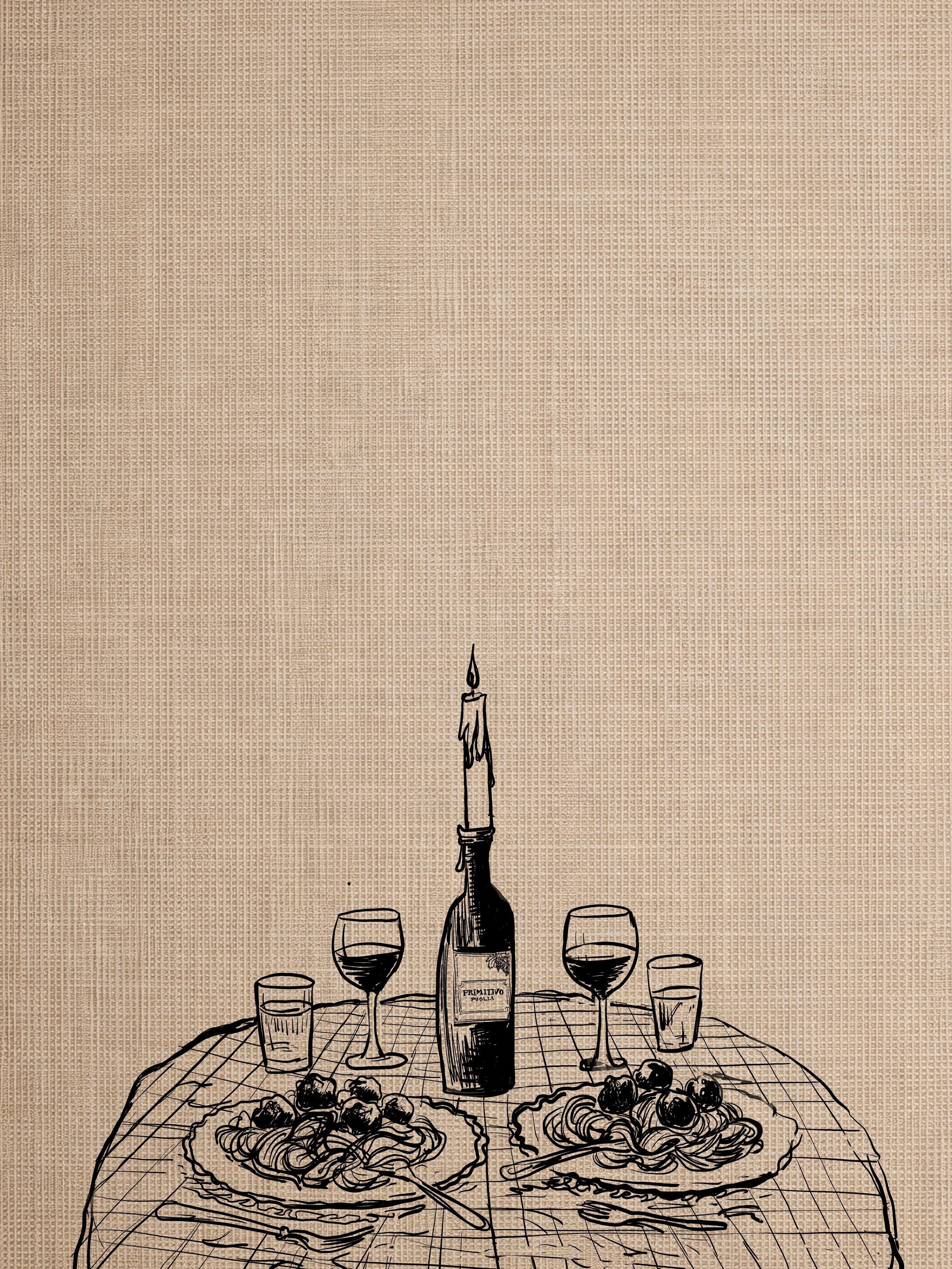 Candlelight Dinner print of a wine and pasta table setting