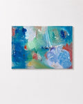 Cielo - blue, green and coral abstract acrylic painting on canvas, hanging on a wall