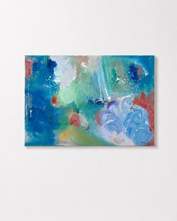 Cielo - blue, green and coral abstract acrylic painting on canvas, hanging on a wall