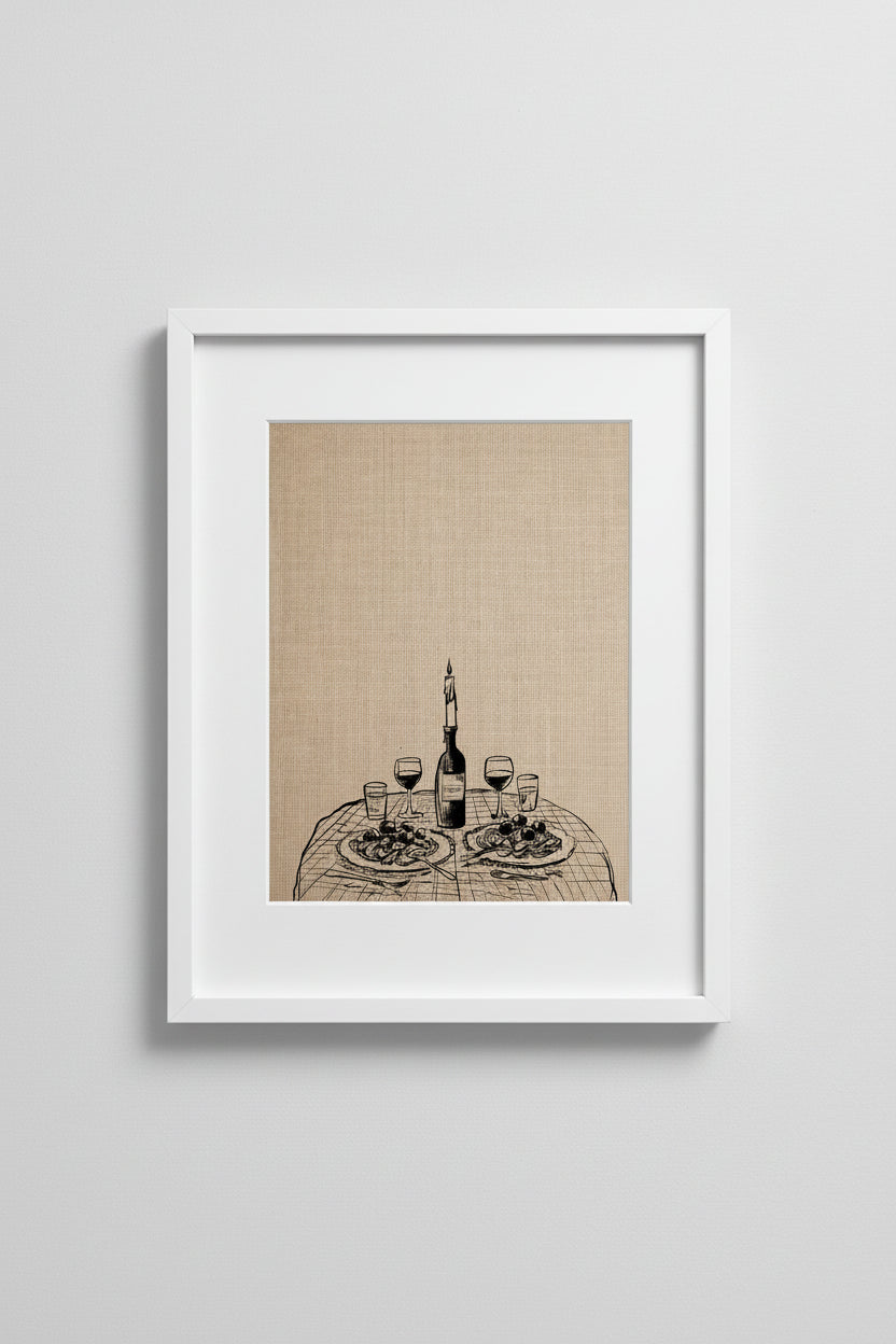 Framed Candlelight Dinner print of a wine and oyster table setting