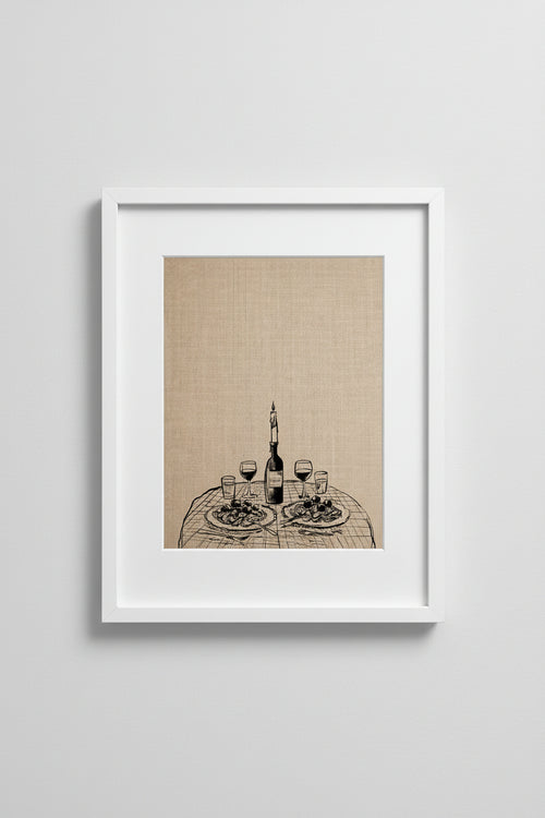 Framed Candlelight Dinner print of a wine and oyster table setting