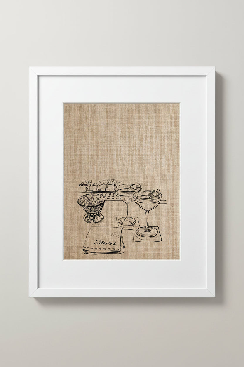 Framed Couple of Martinis print of cocktail glasses on a wall