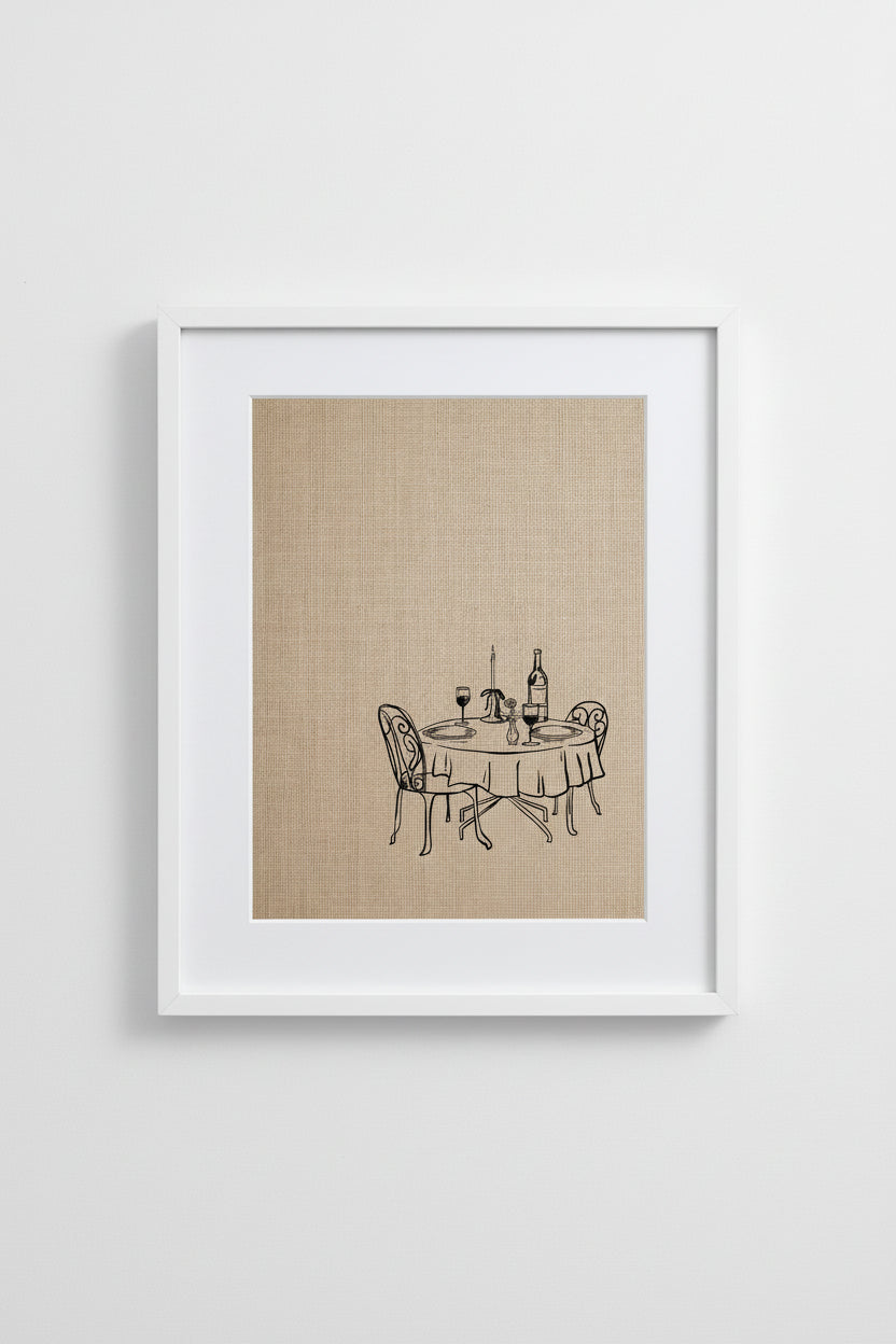Framed Date Night print of a candlelit table for two on linen