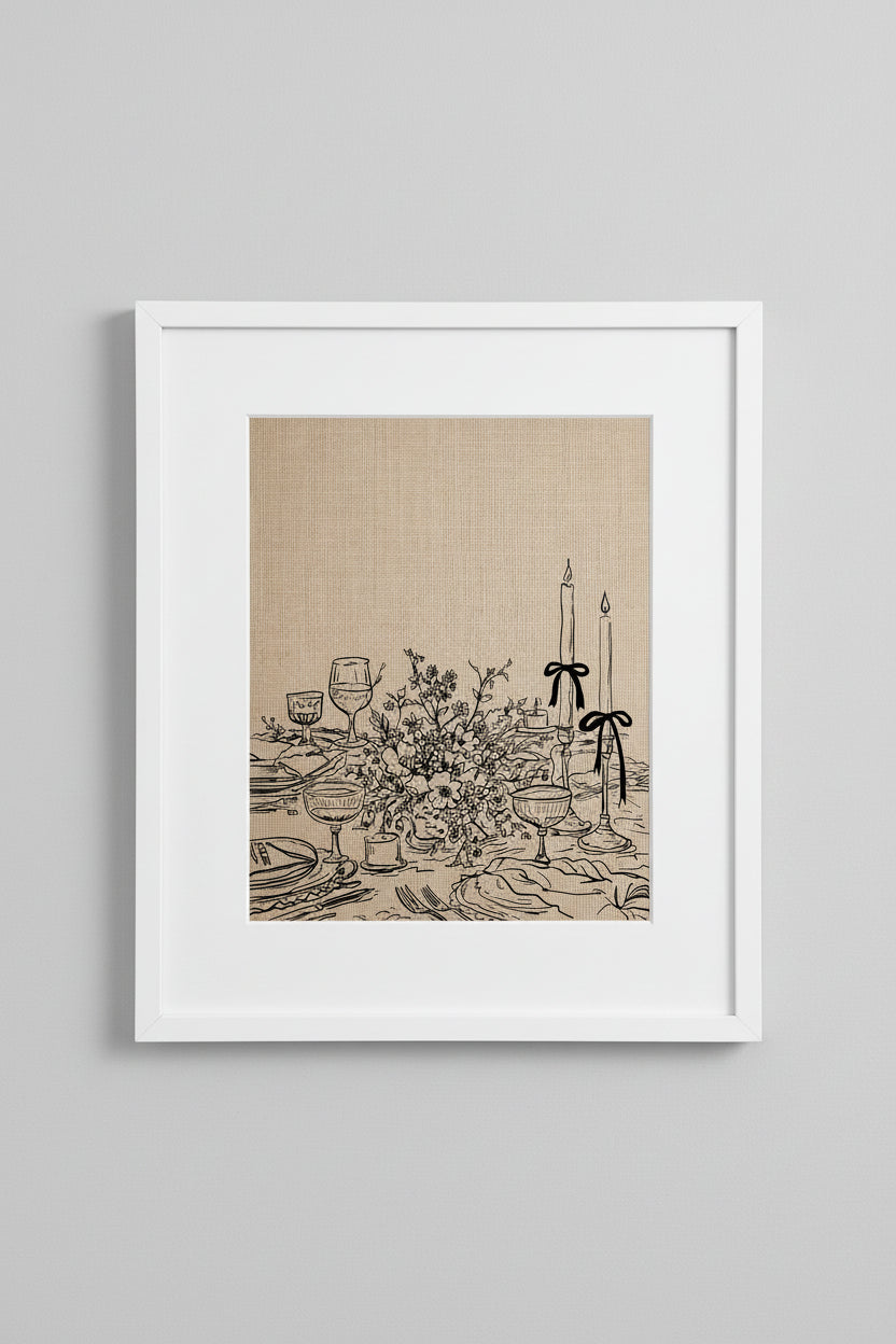 Framed Dinner Party print of a candlelit table setting with flowers