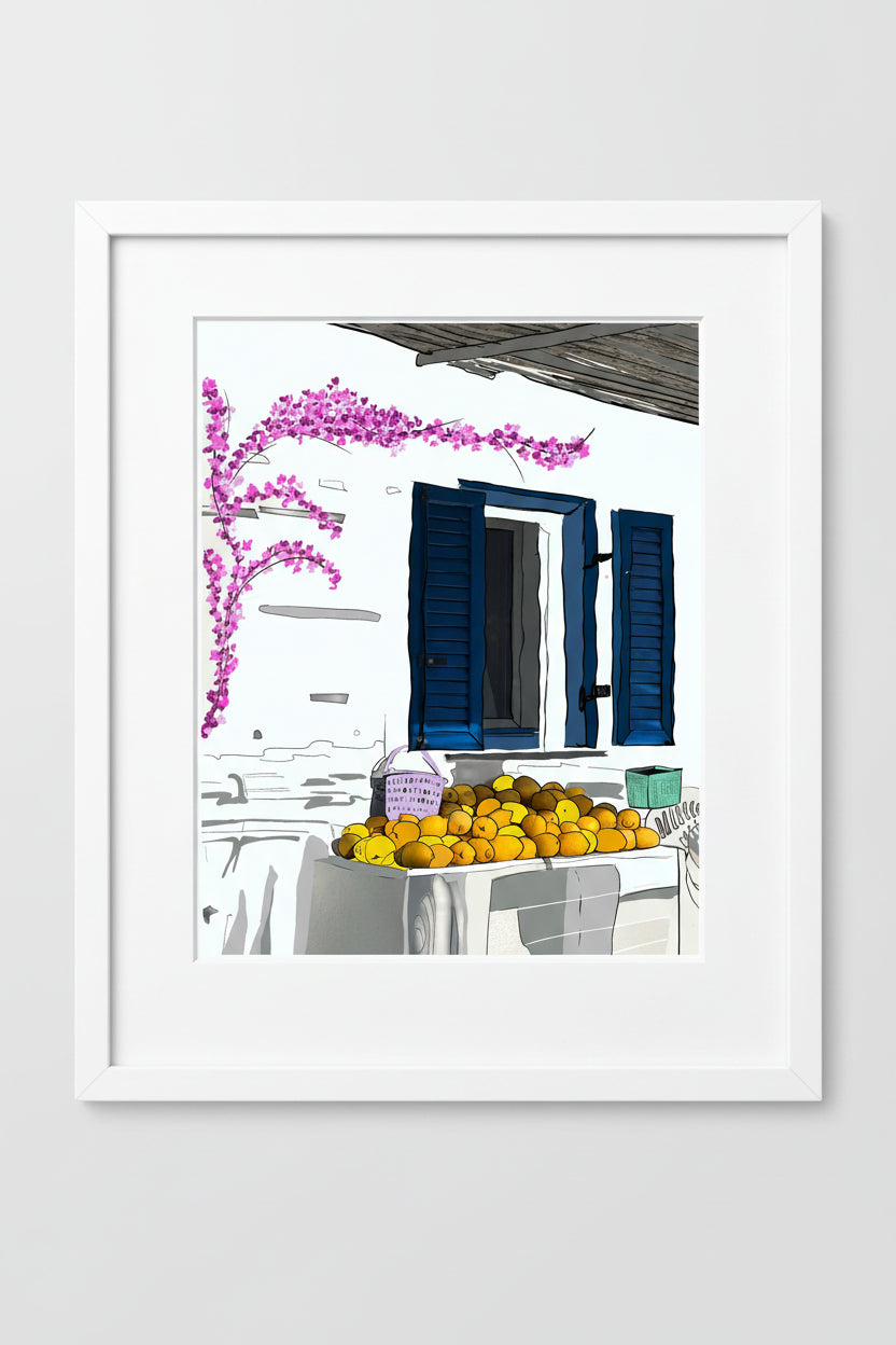 Framed Milos print of blue shutters and bougainvillea on a neutral wall