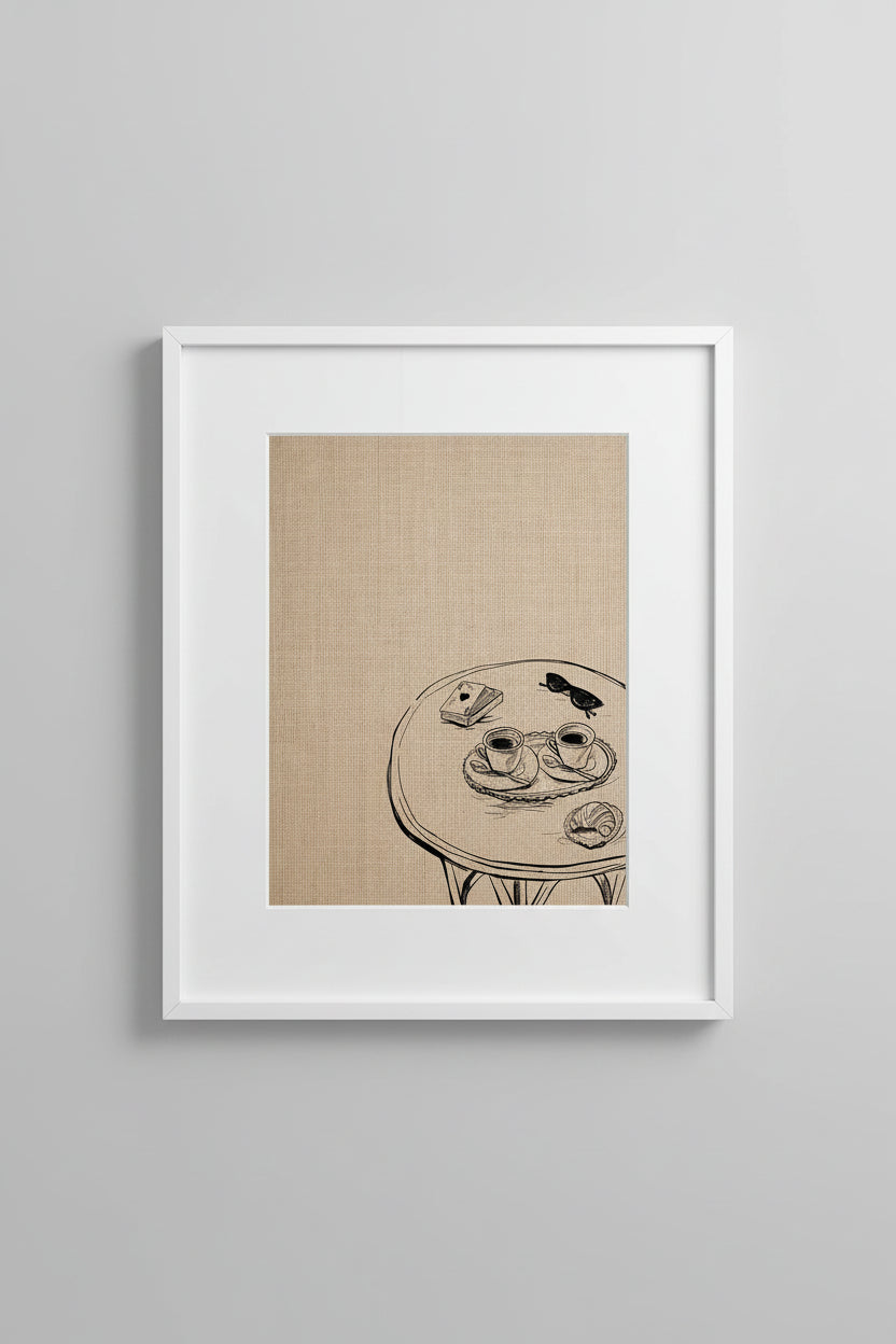 Framed Morning Espresso print of a café table on a wall