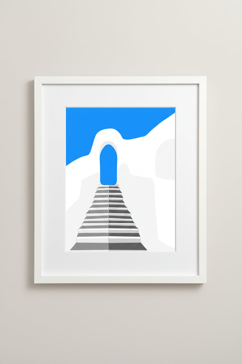 Framed Mykonos print of a whitewashed staircase and blue doorway