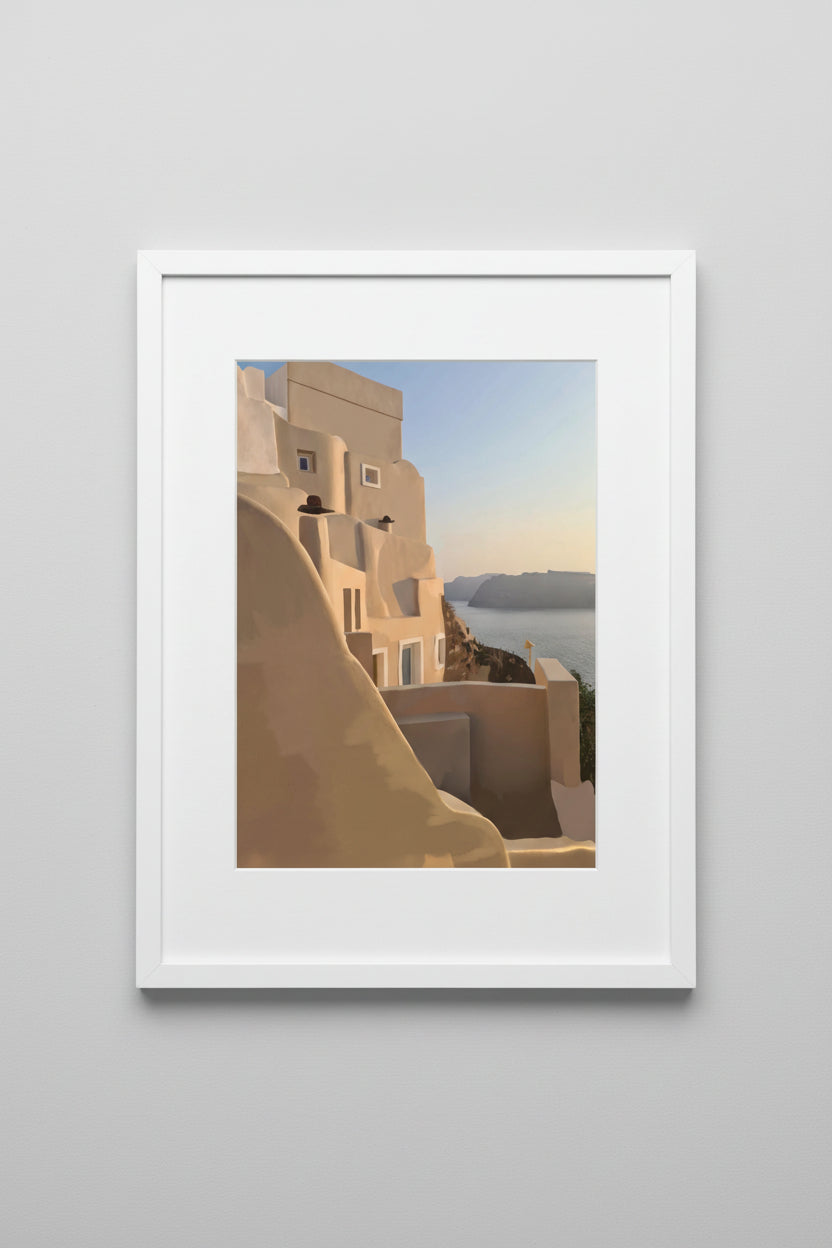Framed Oia Santorini print of whitewashed buildings on a cliffside