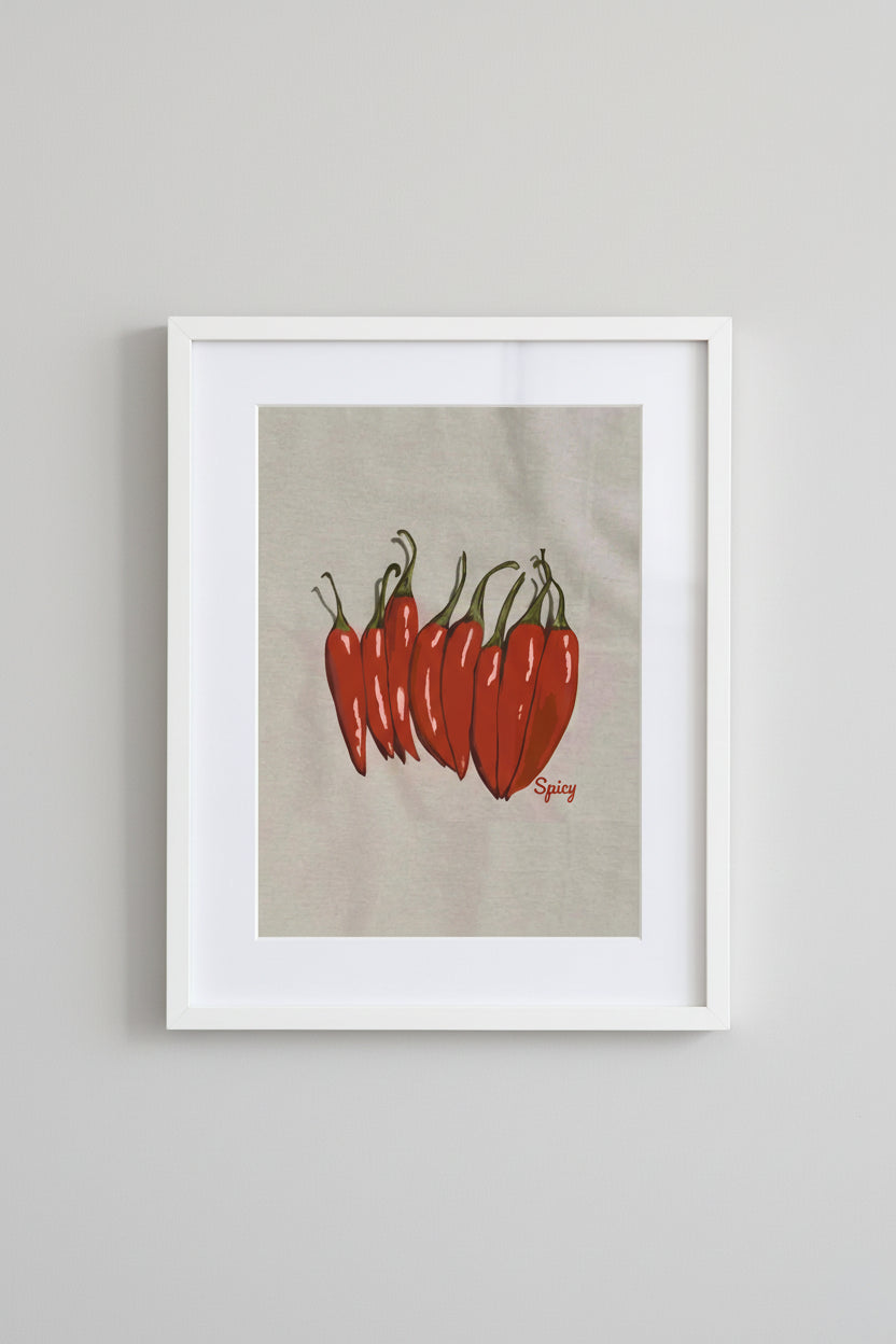 Framed Picante print of red chilli peppers on a wall