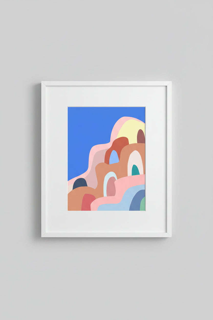 Framed Santorini Blue print of colourful arches and domes on a wall