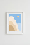 Framed Santorini Sun print of abstract cliffs and sky on a wall