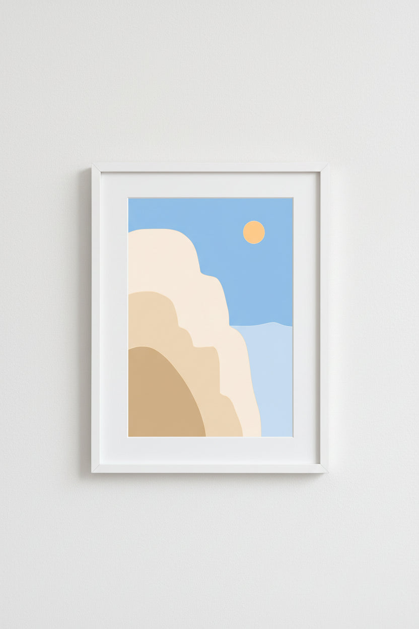Framed Santorini Sun print of abstract cliffs and sky on a wall
