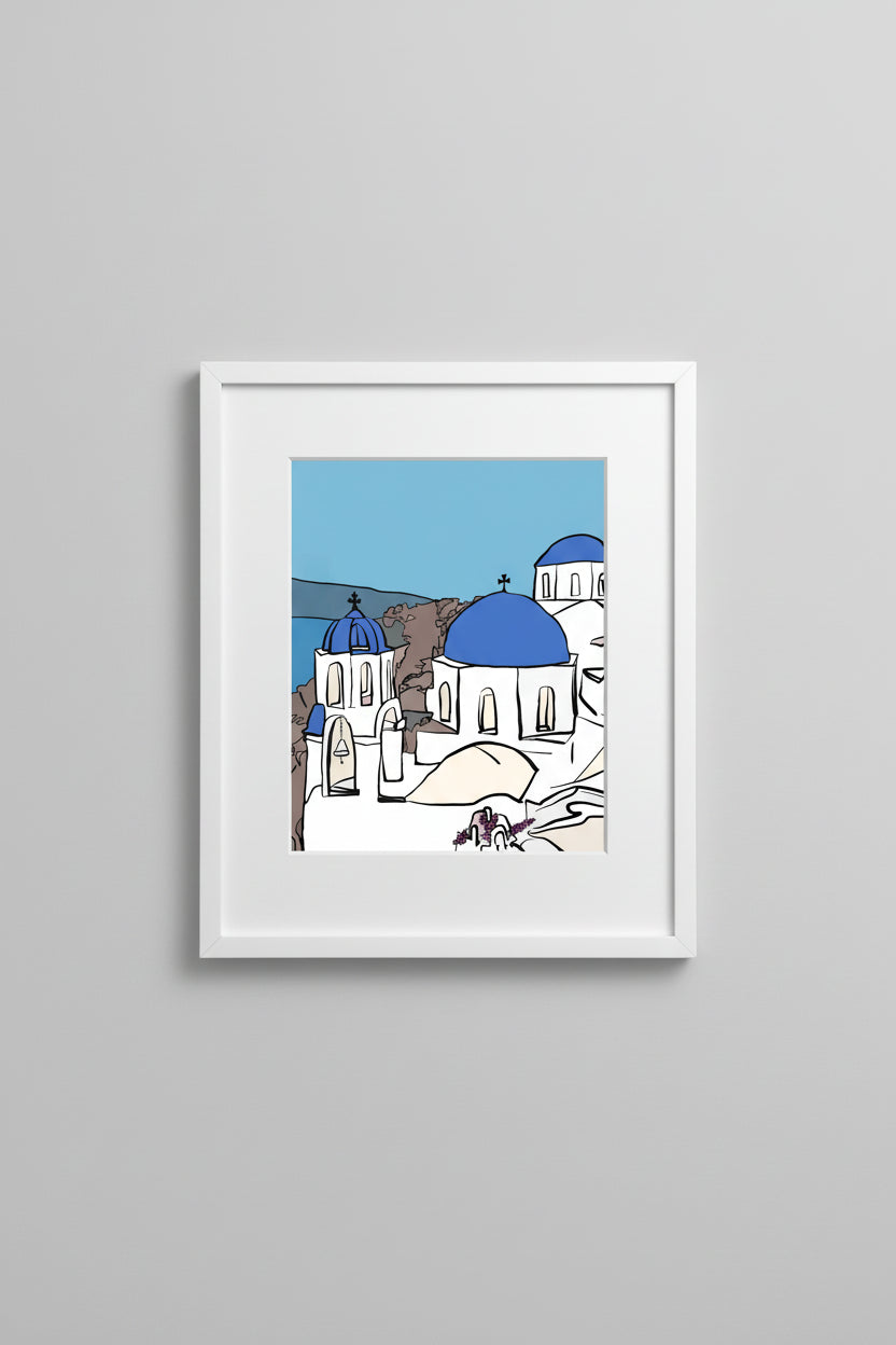 Framed Santorini print of blue-domed churches on a neutral wall