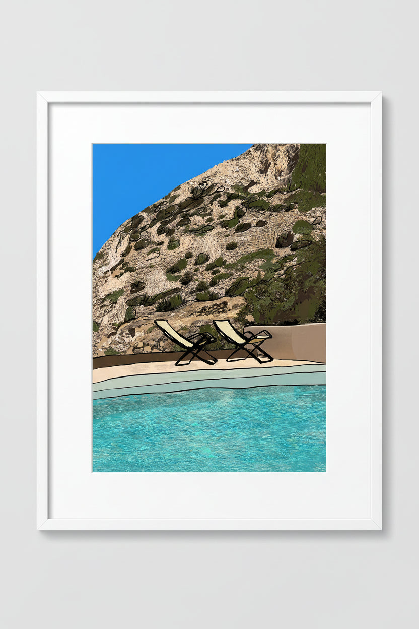 Framed Sifnos Chairs print of lounge chairs by a cliffside pool