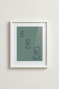 Framed Teddy Bears Green print of hand-drawn bears on a wall