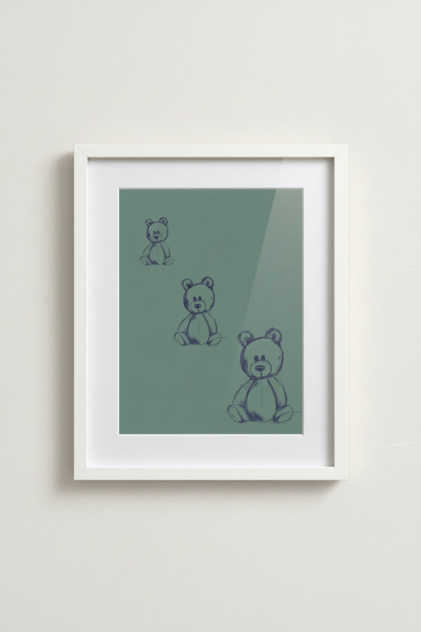 Framed Teddy Bears Green print of hand-drawn bears on a wall
