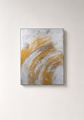 Gold and silver abstract acrylic painting on canvas, sweeping arc brushstrokes, hanging on a wall