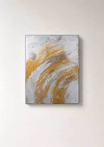 Gold and silver abstract acrylic painting on canvas, sweeping arc brushstrokes, hanging on a wall