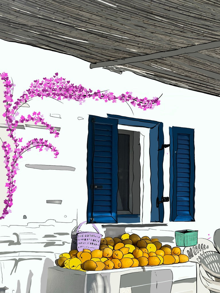Milos fine art print of blue shutters, bougainvillea, and citrus fruit