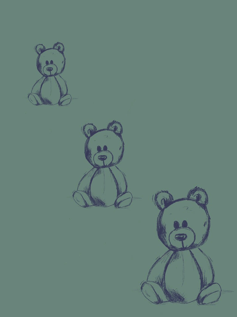 Original unframed Teddy Bears Green print of hand-drawn bears on a wall
