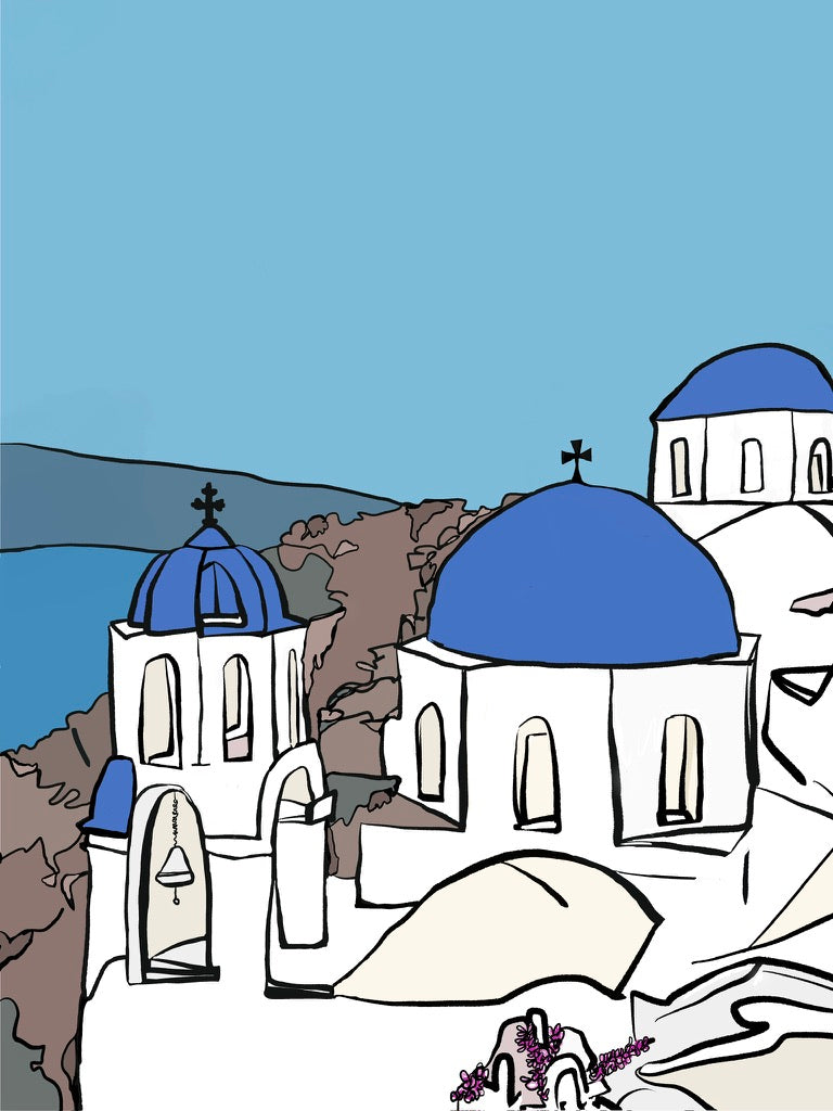 Santorini fine art print of blue-domed churches overlooking the sea