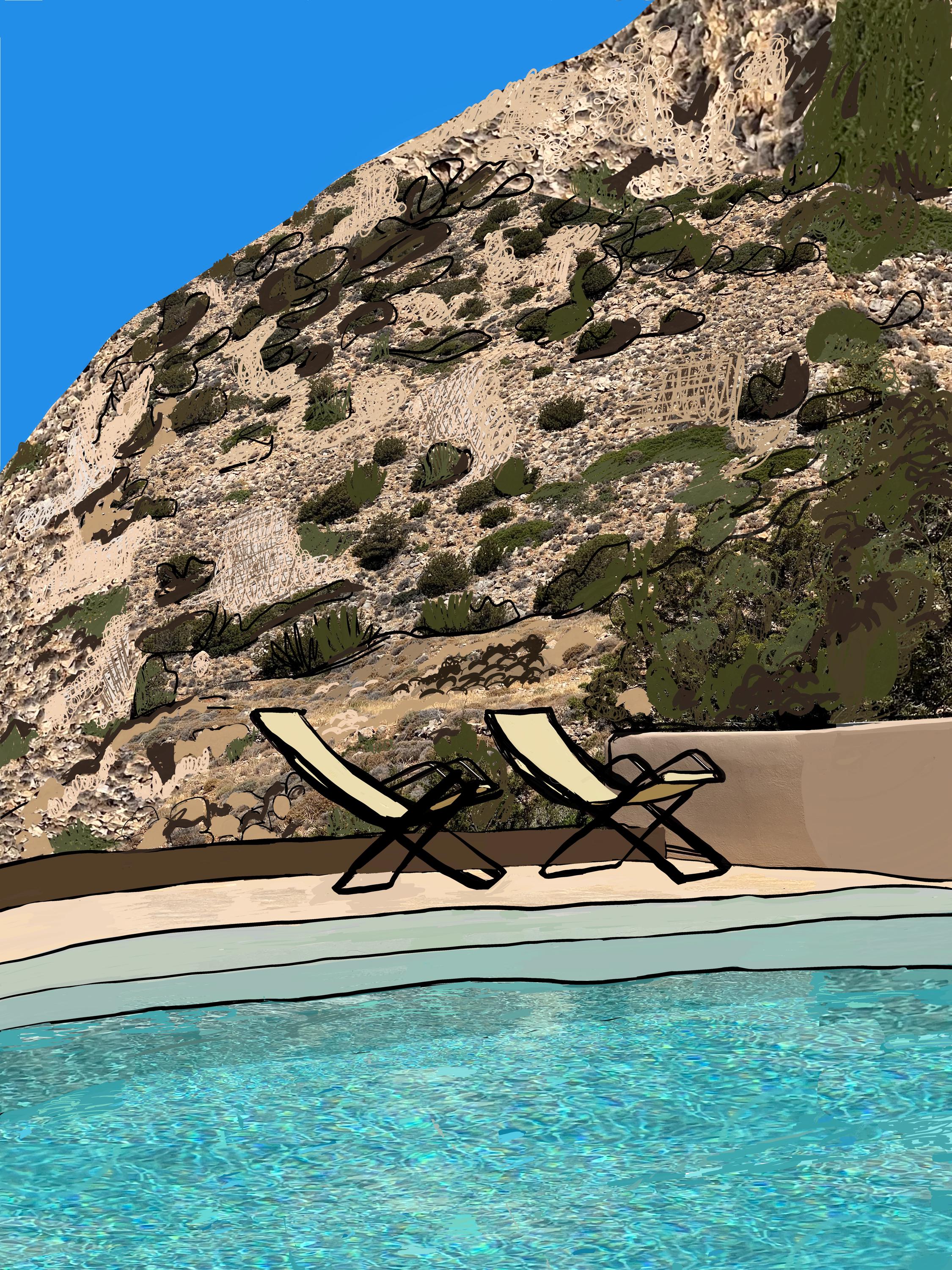 Sifnos Chairs fine art print of lounge chairs by a cliffside pool