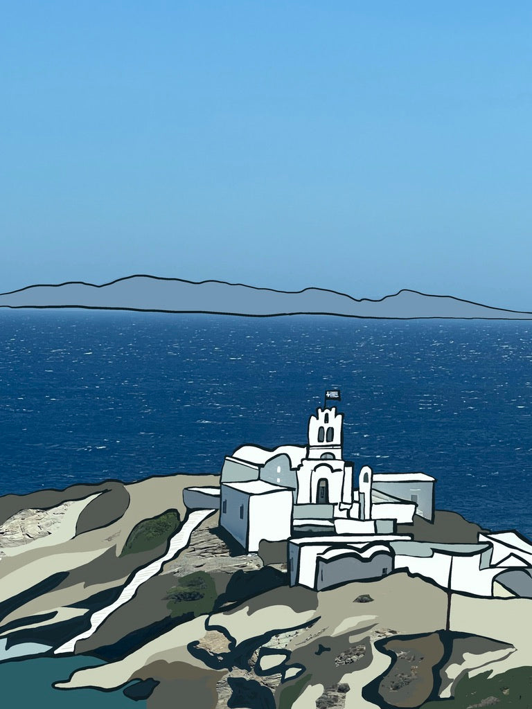 Sifnos fine art print of a whitewashed church overlooking the sea