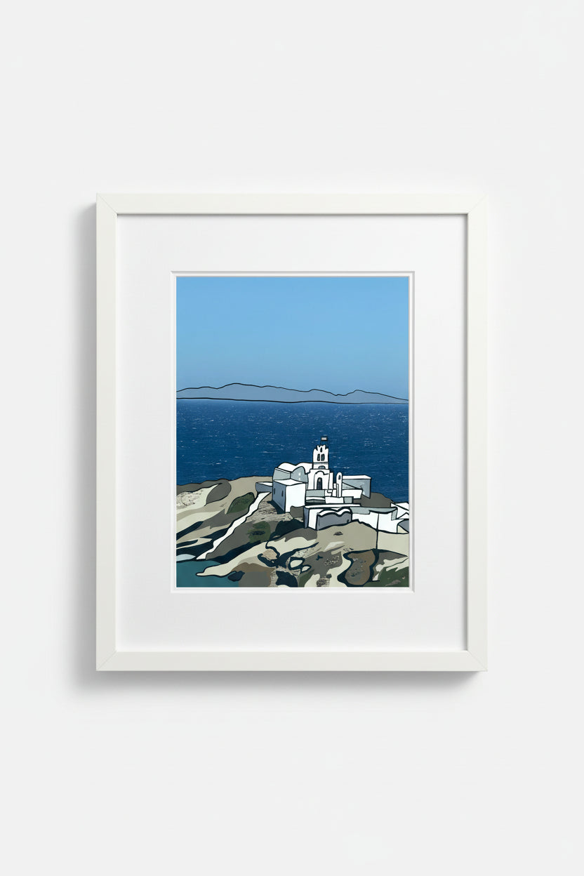 Sifnos print styled on a shelf with a blue lamp and books
