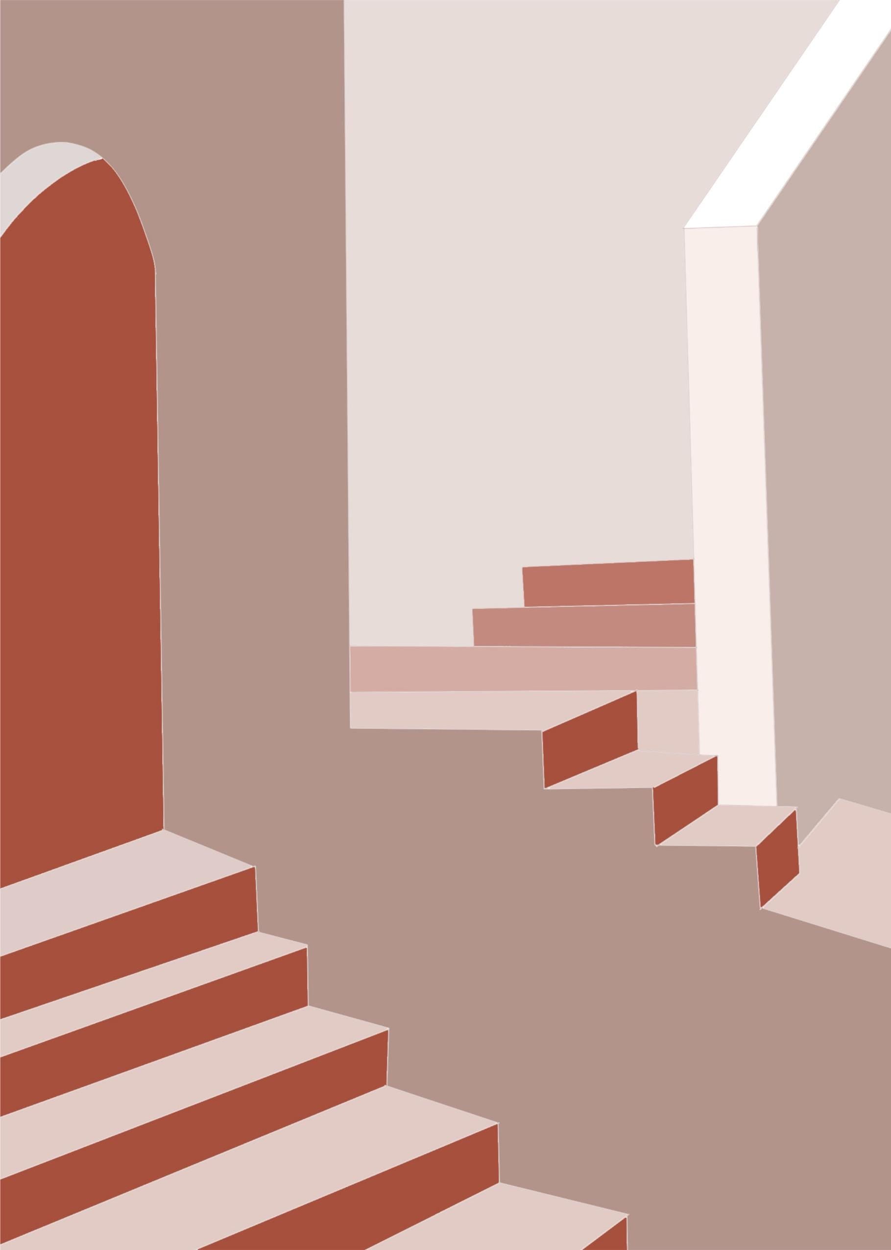 Unframed original Scala print of a terracotta staircase on a wall