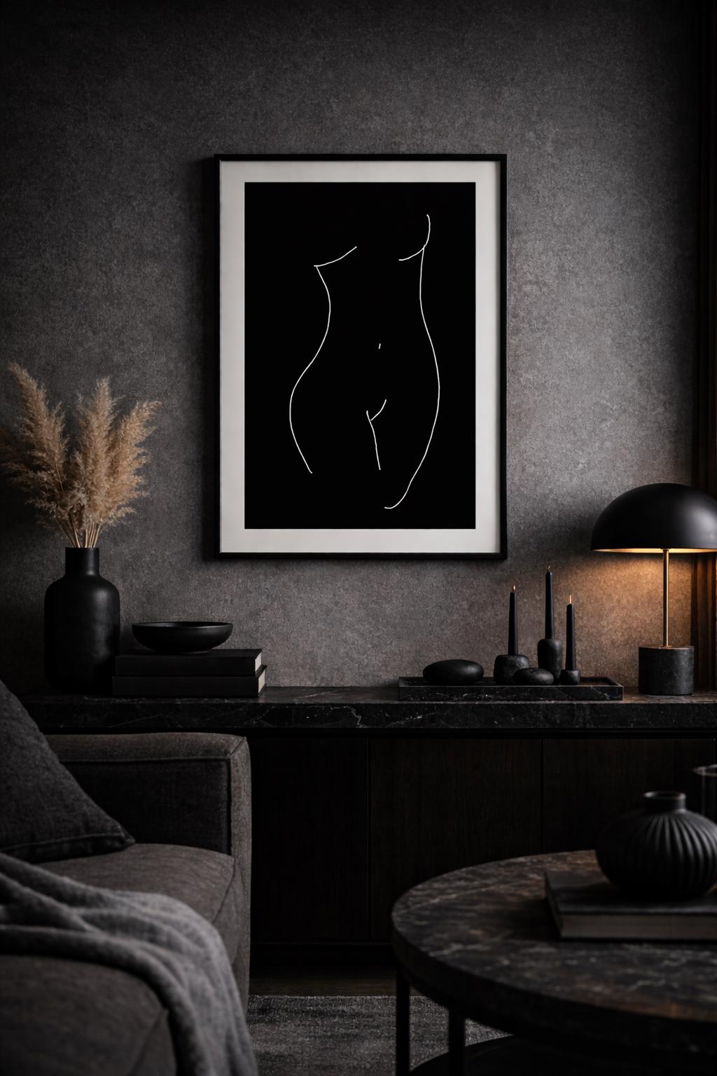 Venus I line-art print of a female figure framed in a moody living room