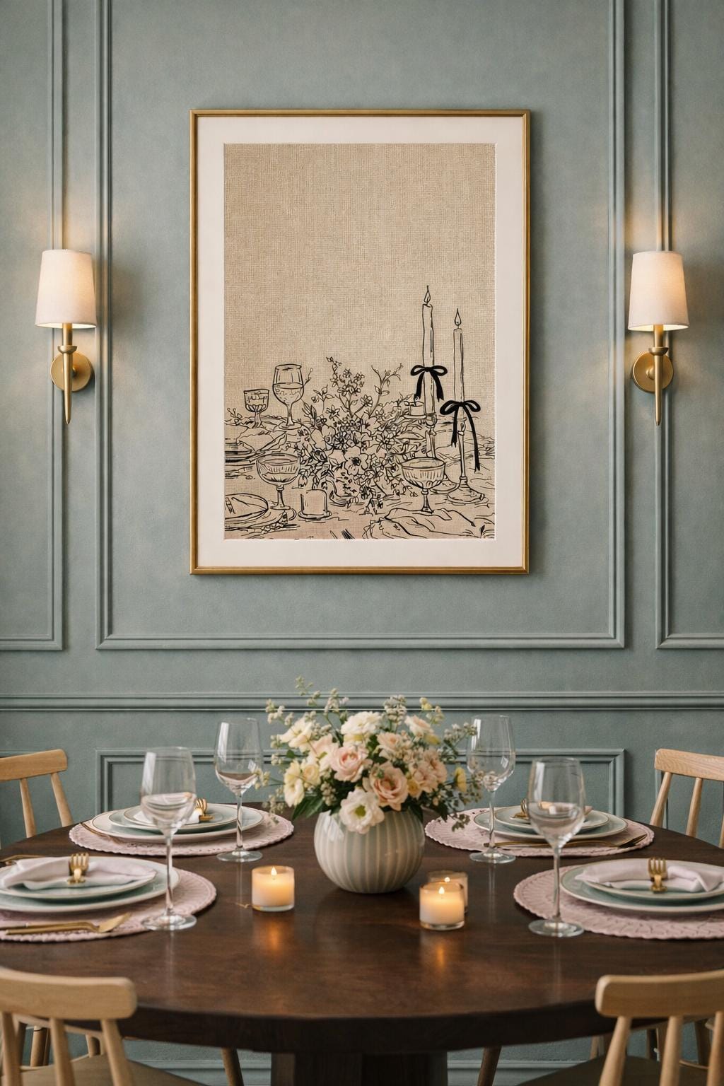 a2 Framed Dinner Party print of a candlelit table setting with flowers on a wall