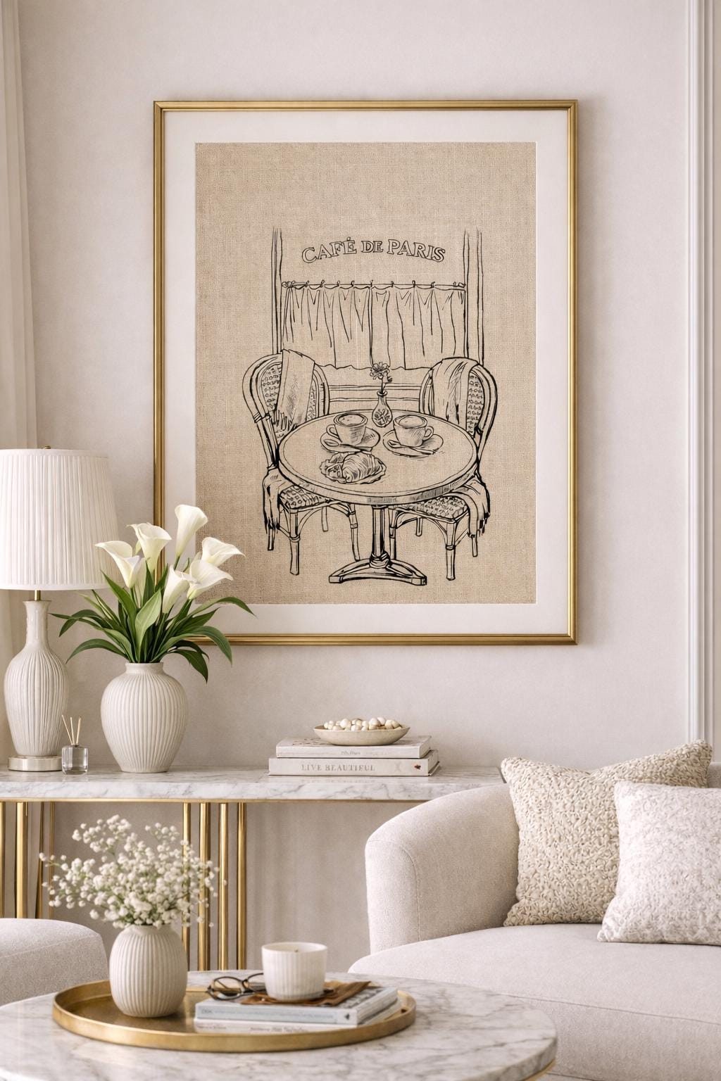 a3 Framed Café de Paris print of a bistro table and chairs on a wallå