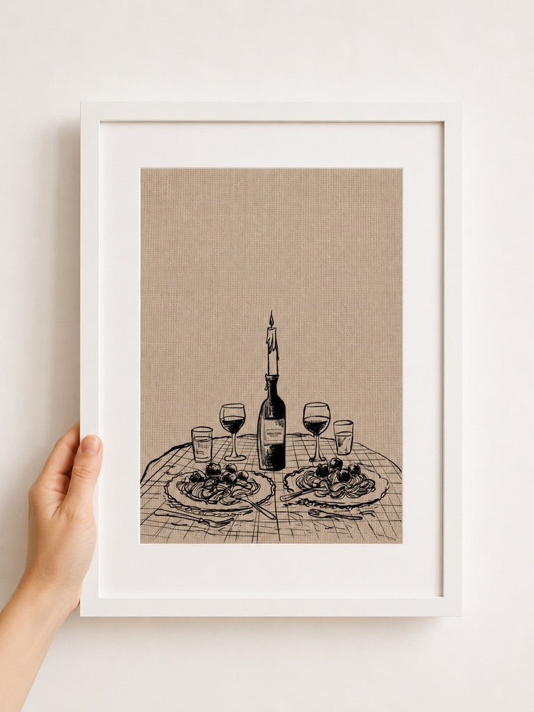a3 Framed Candlelight Dinner print of a wine and pasta table setting