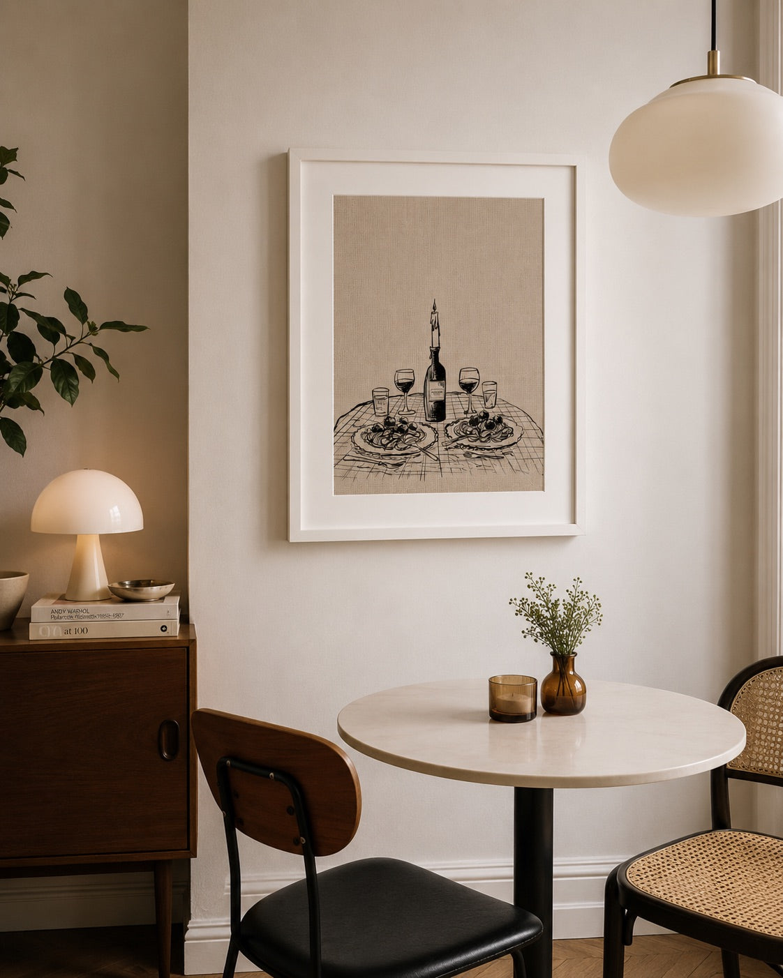 a3 Framed Candlelight Dinner print of a wine and pasta table setting in a home