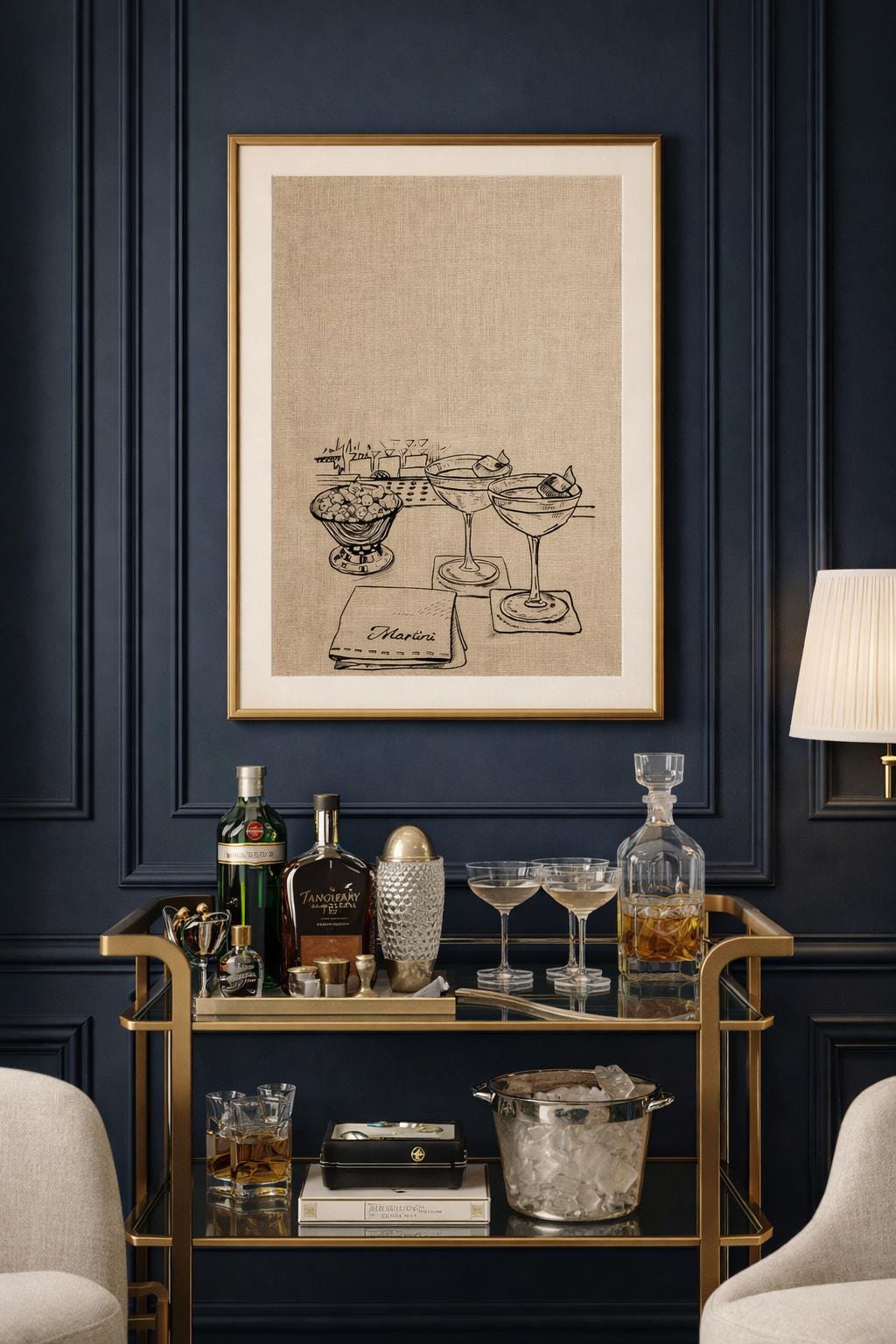a3 Framed Couple of Martinis print of cocktail glasses on a wall