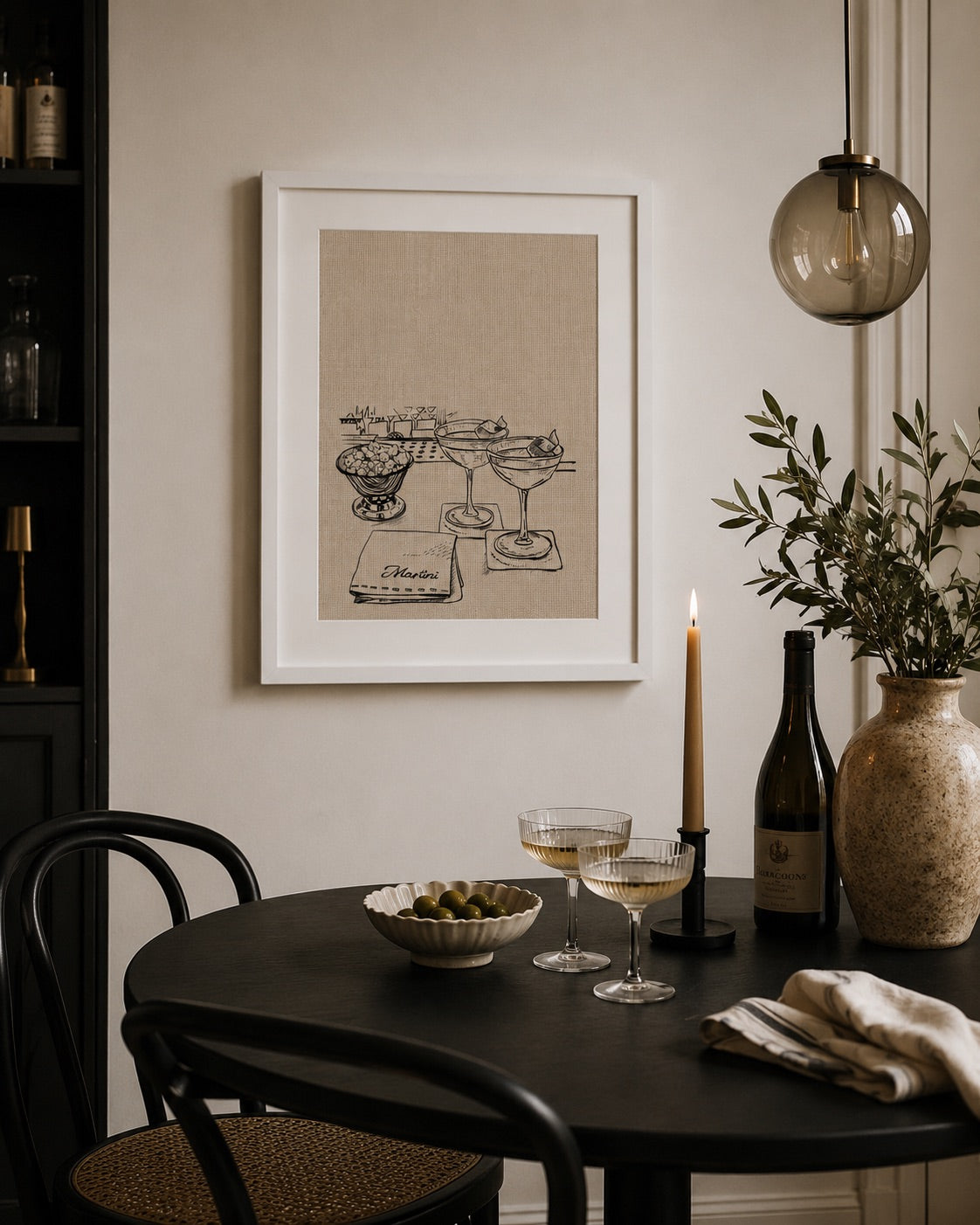 a3 Framed Couple of Martinis print of cocktail glasses on a wall in a dining room