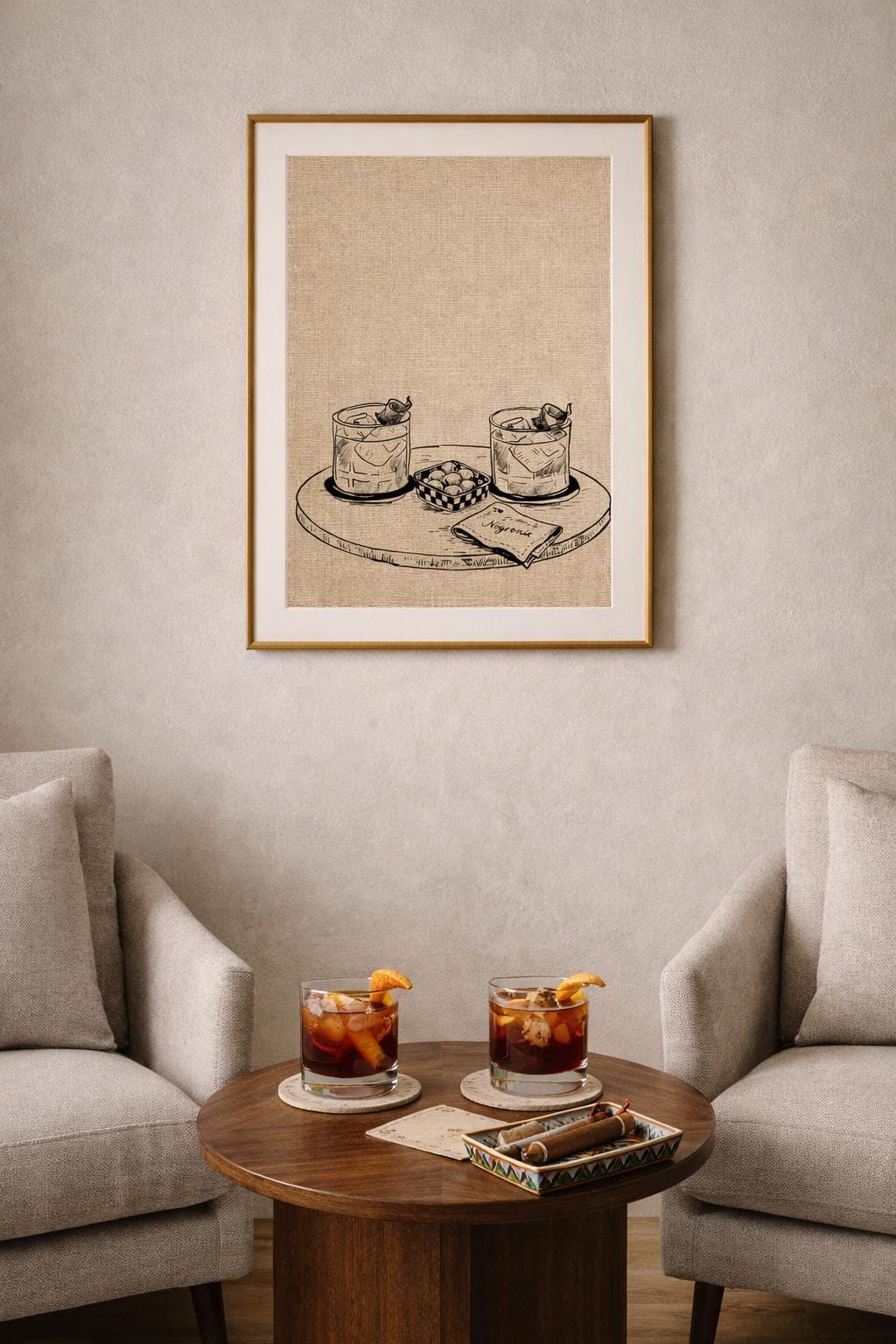 a3 Framed Couple of Negronis print of cocktails on a wall