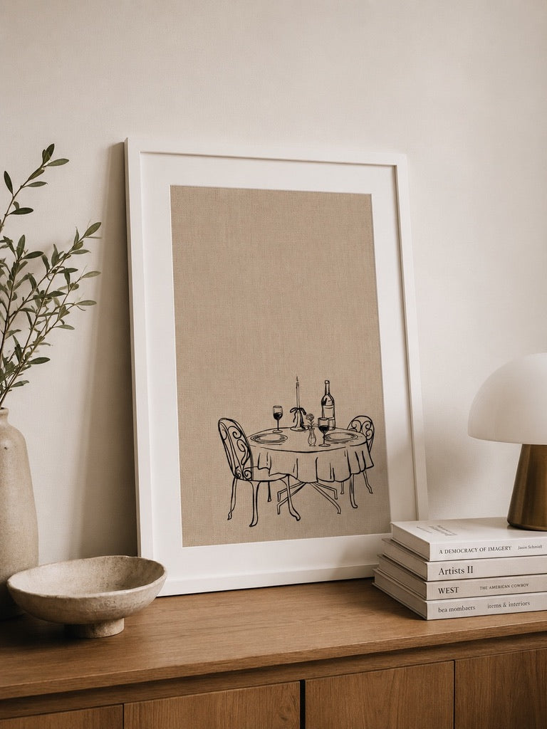 a3 Framed Date Night print of a candlelit table for two on linen