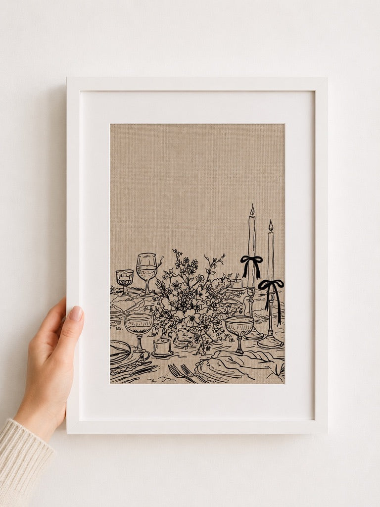 a3 Framed Dinner Party print of a candlelit table setting with flowers on a wall