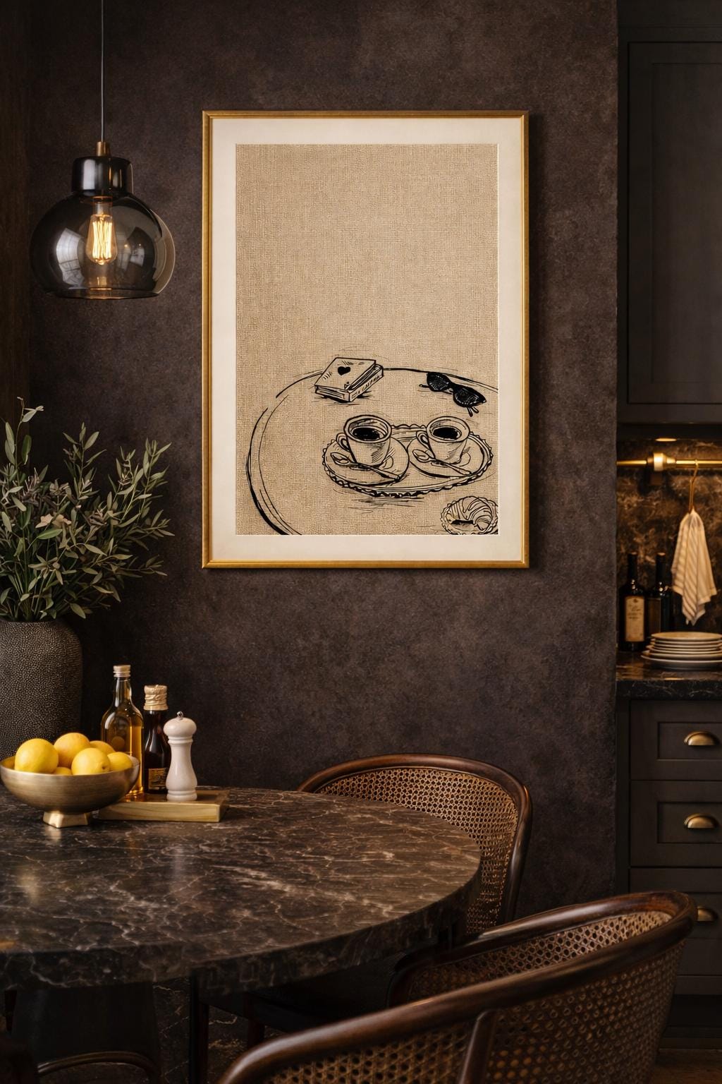 a3 Framed Morning Espresso print of a café table on a brown wall