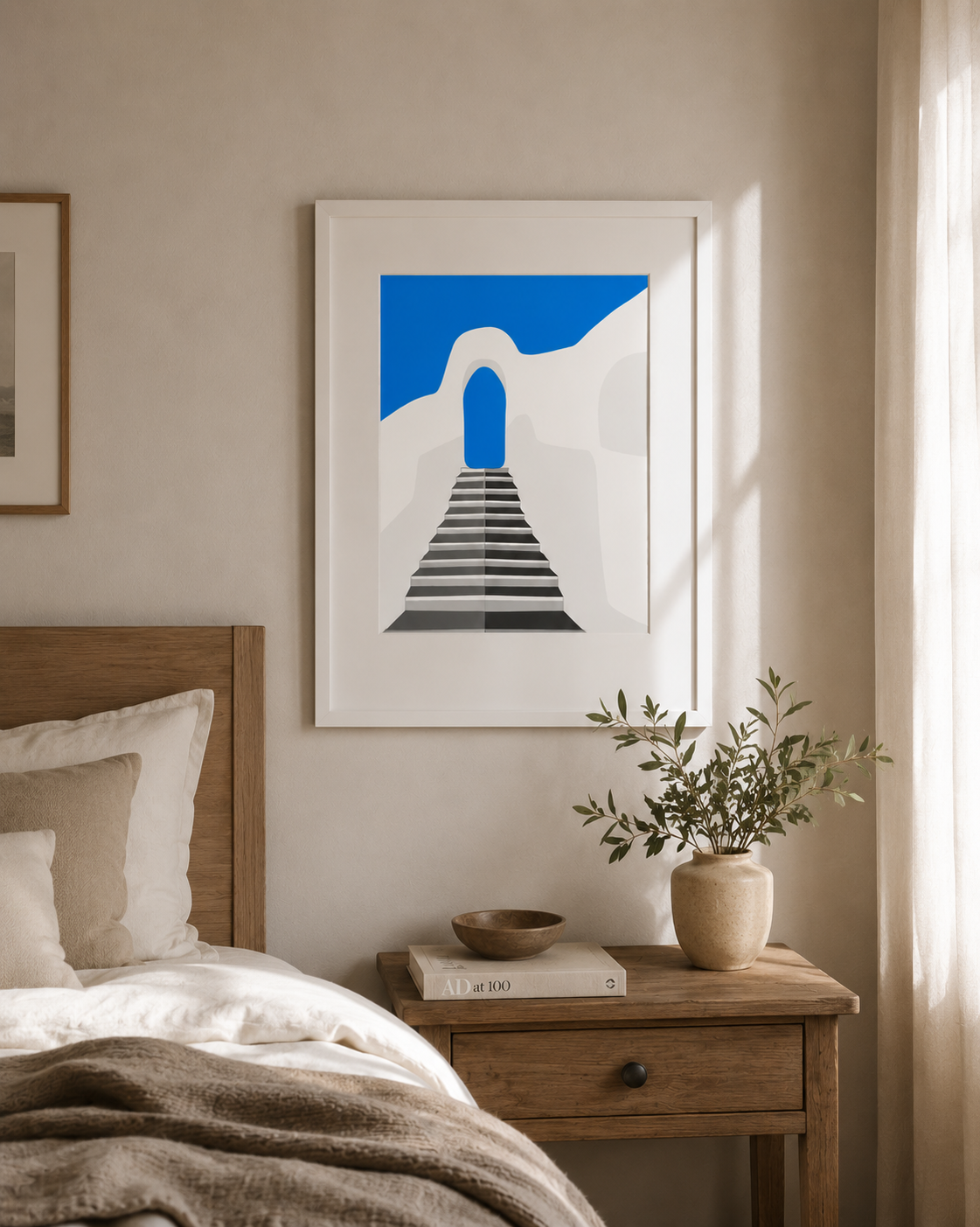 a3 Framed Mykonos print of a whitewashed staircase and blue doorway