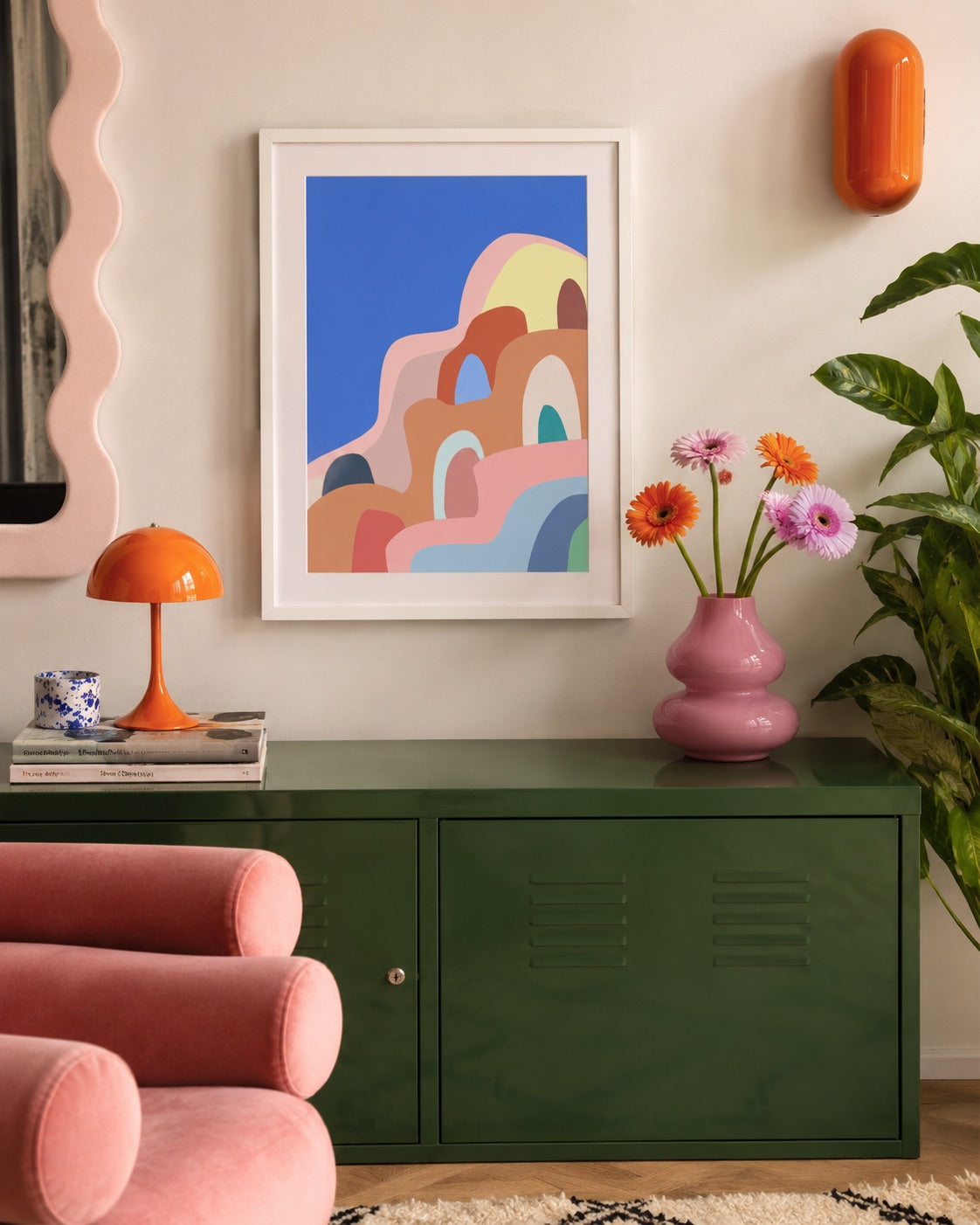 a3 Framed Santorini Blue print of colourful arches and domes on a wall