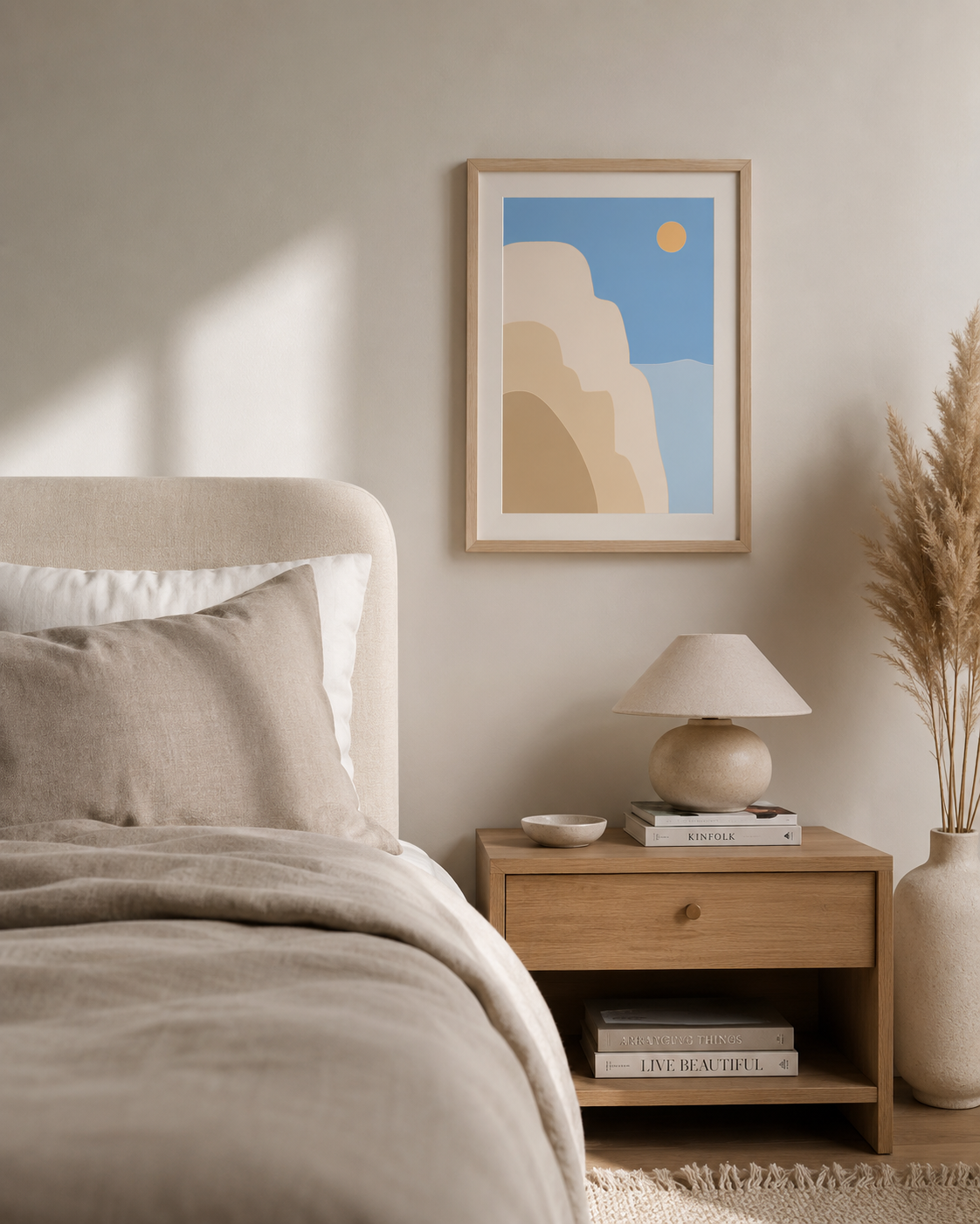a3 Framed Santorini Sun print of abstract cliffs and sky on a wall
