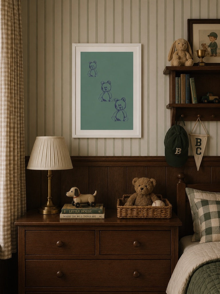 a3 Framed Teddy Bears Green print of hand-drawn bears on a wall